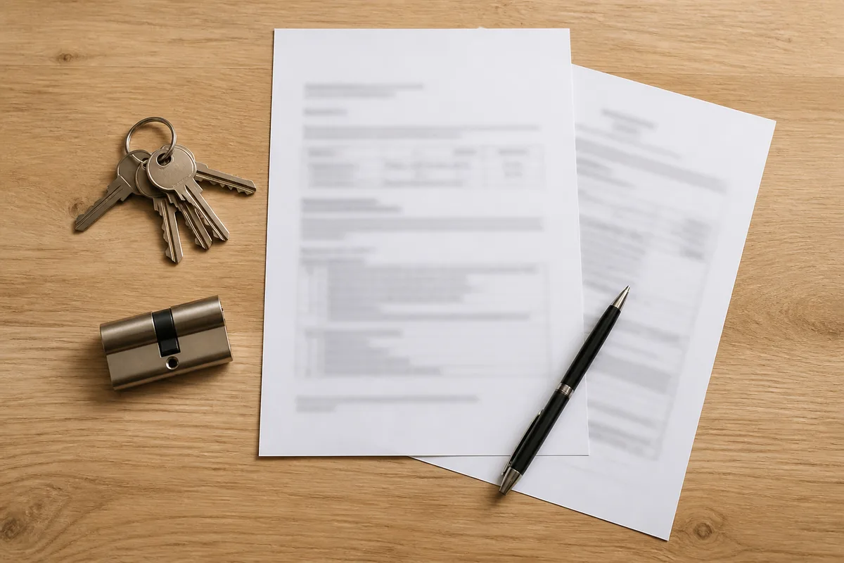 Trousseau de cles pose sur un contrat de location et un devis de serrurerie