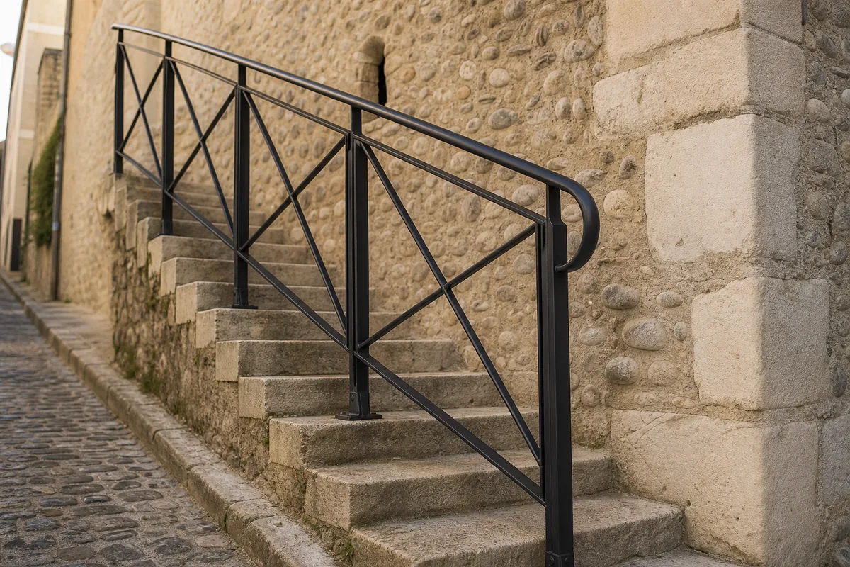 Garde-corps en acier noir mat posé devant un mur ancien en molasse claire, lumière naturelle rasante de fin d&rsquo;après-midi