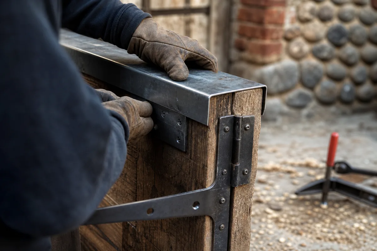 Porte palière ancienne renforcée par une tôle d&rsquo;acier dans un immeuble en pierre du centre de Vienne
