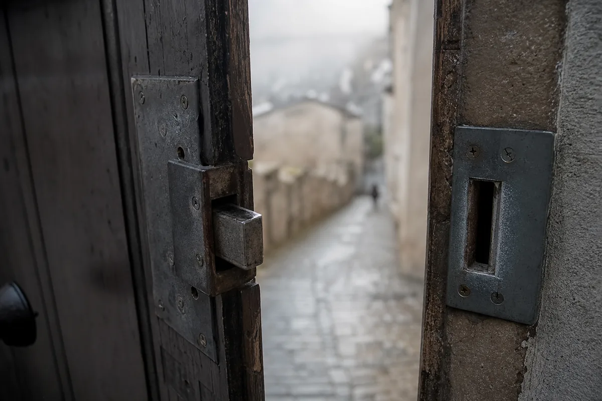 Gâche métallique et pêne d&rsquo;une porte d&rsquo;entrée ancienne dans une ruelle pentue de Vienne