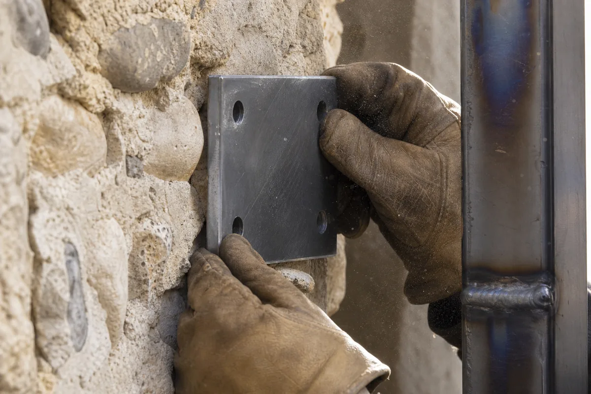 Mains gantées ajustant une platine de garde-corps sur un mur de molasse claire