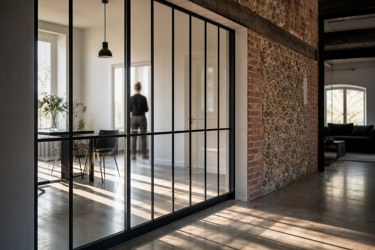Verrière d’atelier en acier noir mat devant un mur de galets et de brique ancienne