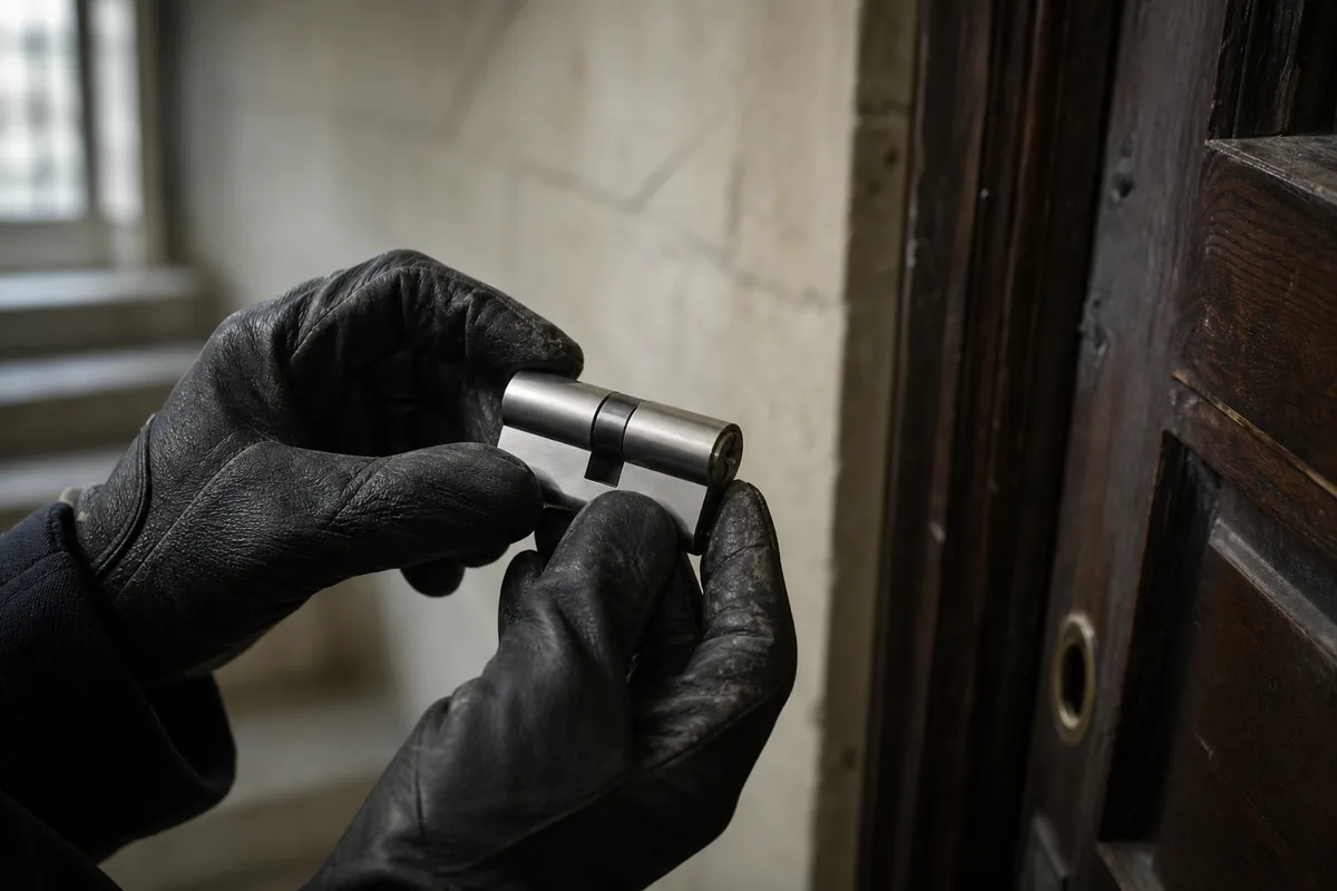 Mains gantées manipulant un cylindre européen devant une porte palière ancienne