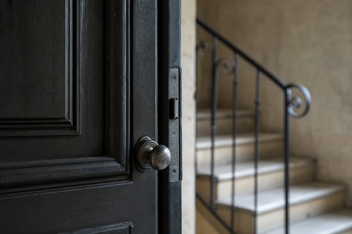 Porte palière en bois d&rsquo;un immeuble ancien de Vienne, entrouverte sur une cage d&rsquo;escalier en pierre claire
