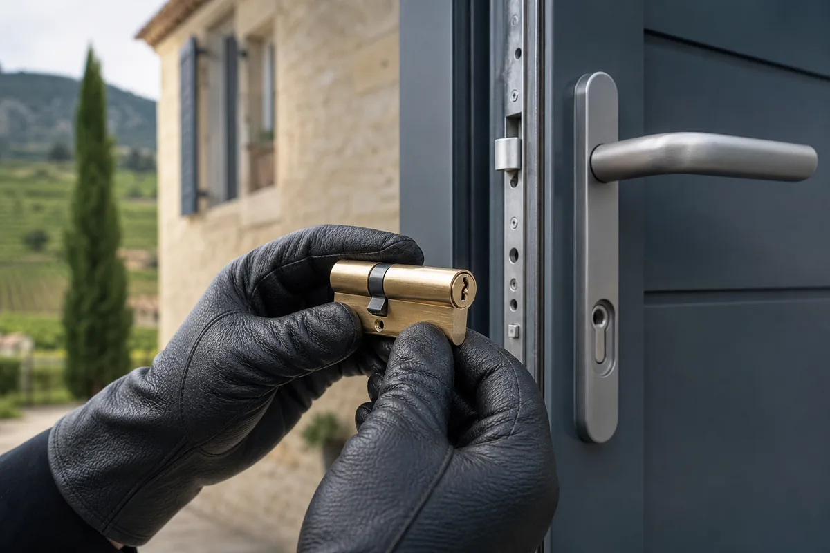 Gros plan de mains gantées manipulant un cylindre européen en laiton devant une porte en aluminium