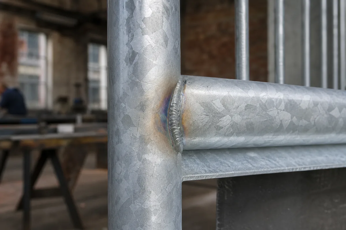Détail d&rsquo;un cadre de portail en acier fraîchement galvanisé, surface zinguée mate en lumière rasante
