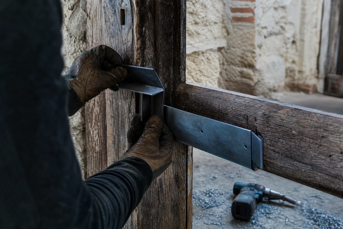 Tôle d&rsquo;acier pliée et cornière de renfort posées sur une porte palière en bois d&rsquo;un immeuble ancien de Vienne