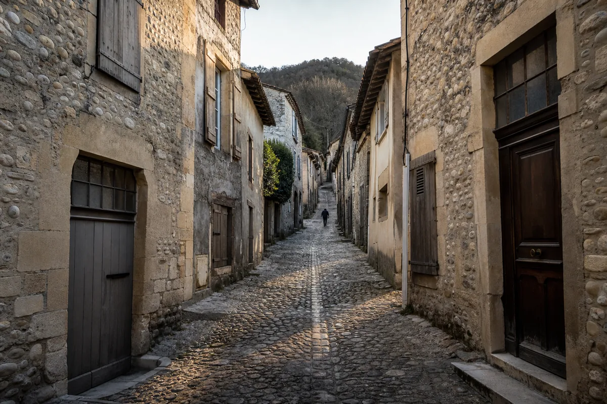 Ruelle pentue du centre ancien de Vienne bordée de façades en molasse, montant vers le mont Pipet en lumière rasante