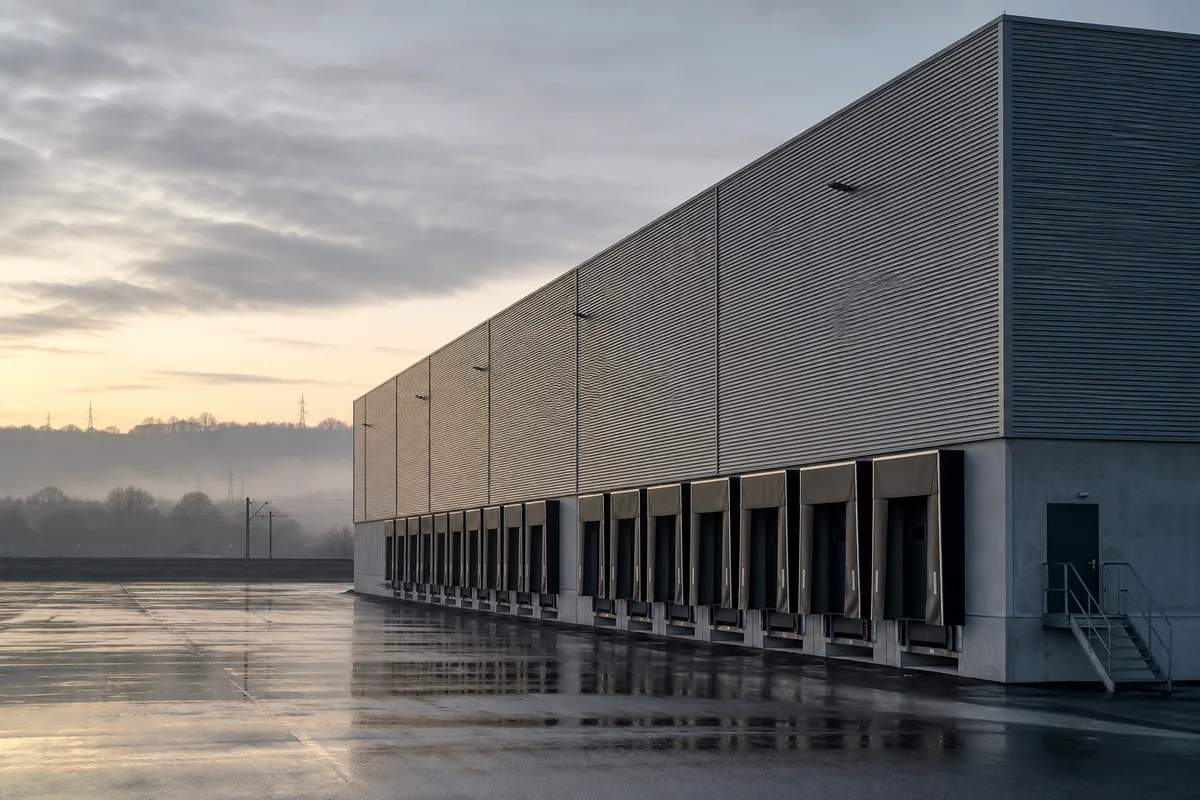 Zone d’activité de la vallée du Rhône au petit matin, quais de chargement et porte de service métallique
