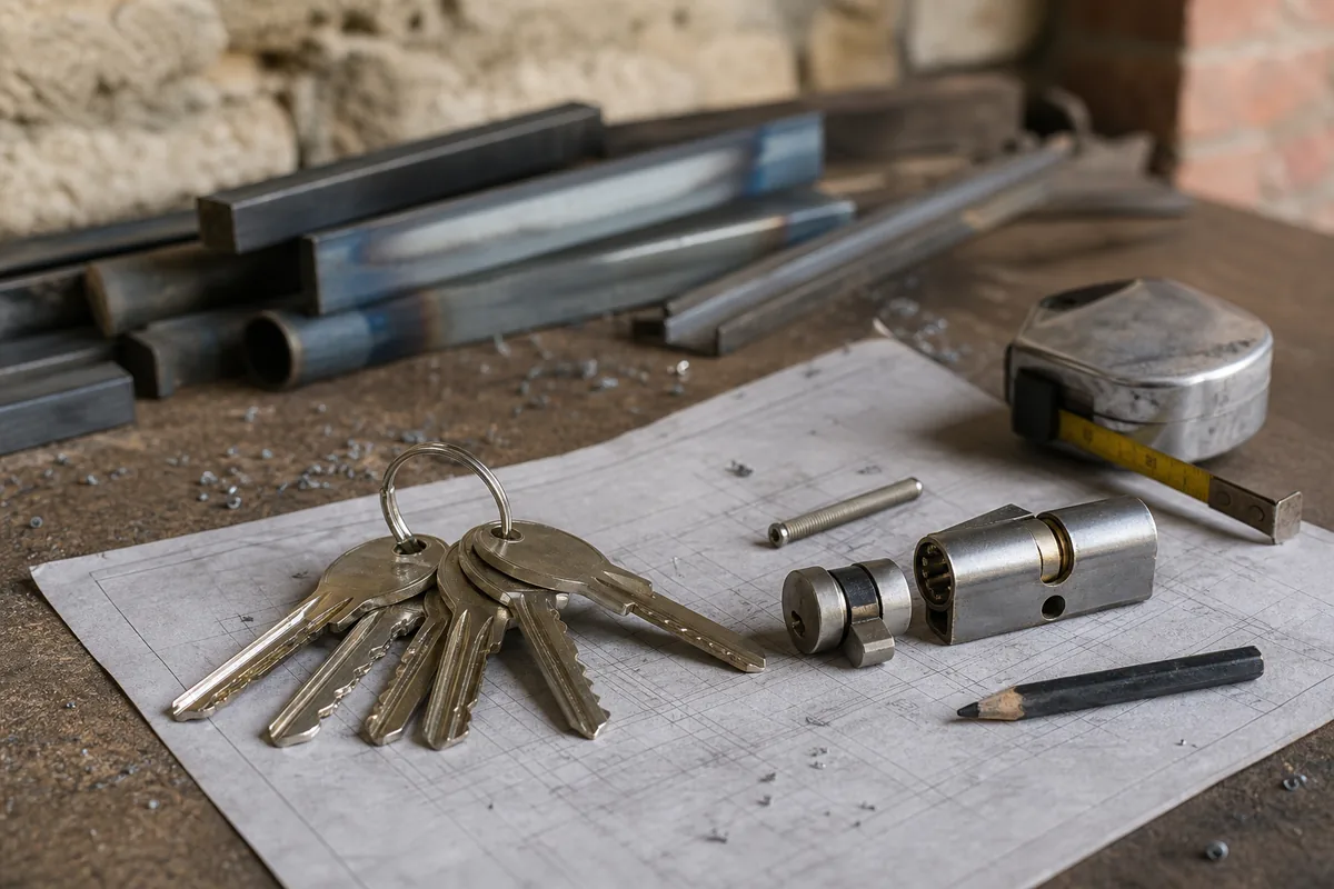 Trousseau de clés numérotées et plan de bâtiment posés sur un établi d’atelier de métallerie