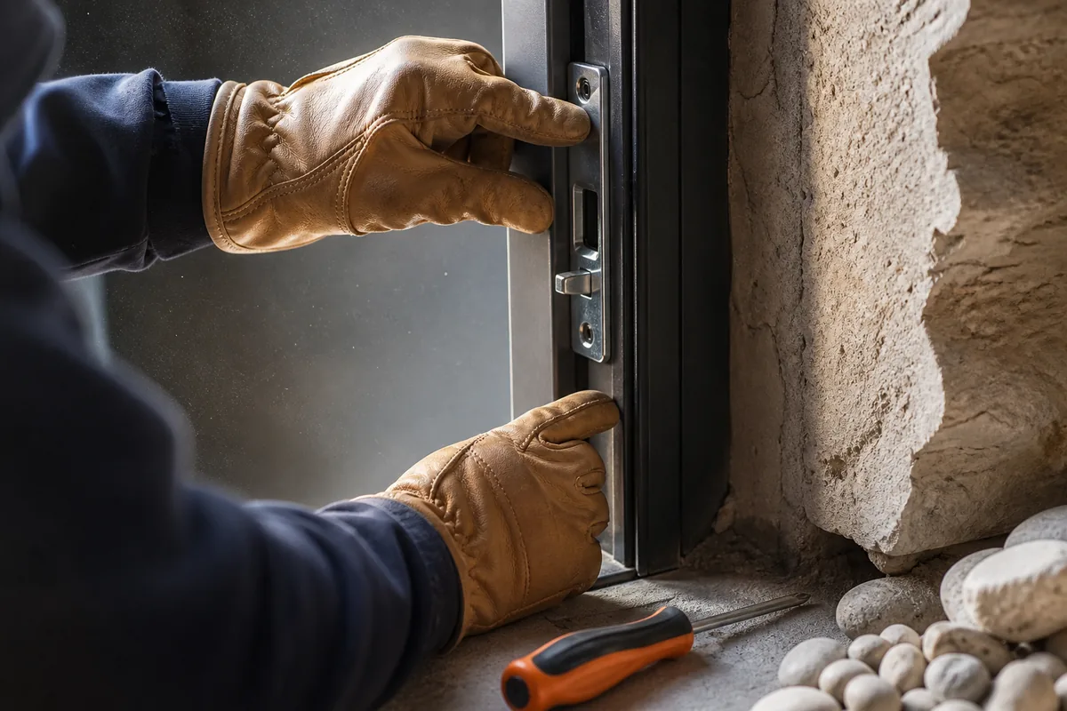 Mains gantées vérifiant la gâche d&rsquo;une porte de service en acier sur un mur de molasse claire