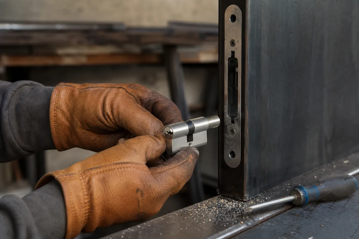 Mains gantées ajustant un cylindre européen sur une porte palière, atelier en arrière-plan, lumière naturelle