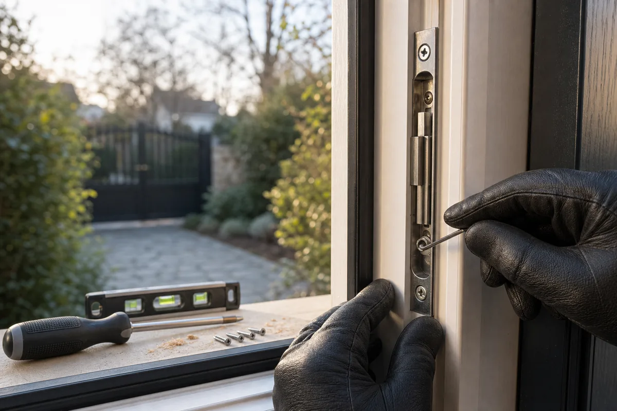 Mains gantées ajustant une gâche de crémone multipoints sur le dormant d’une porte en PVC blanc, lumière rasante de fin d’hiver