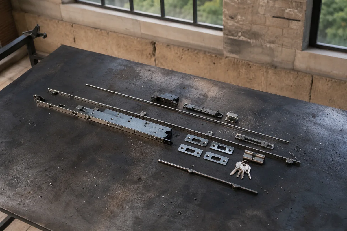 Établi d’atelier en acier brut avec une crémone multipoints démontée, ses gâches et un cylindre européen alignés sous une verrière noir mat