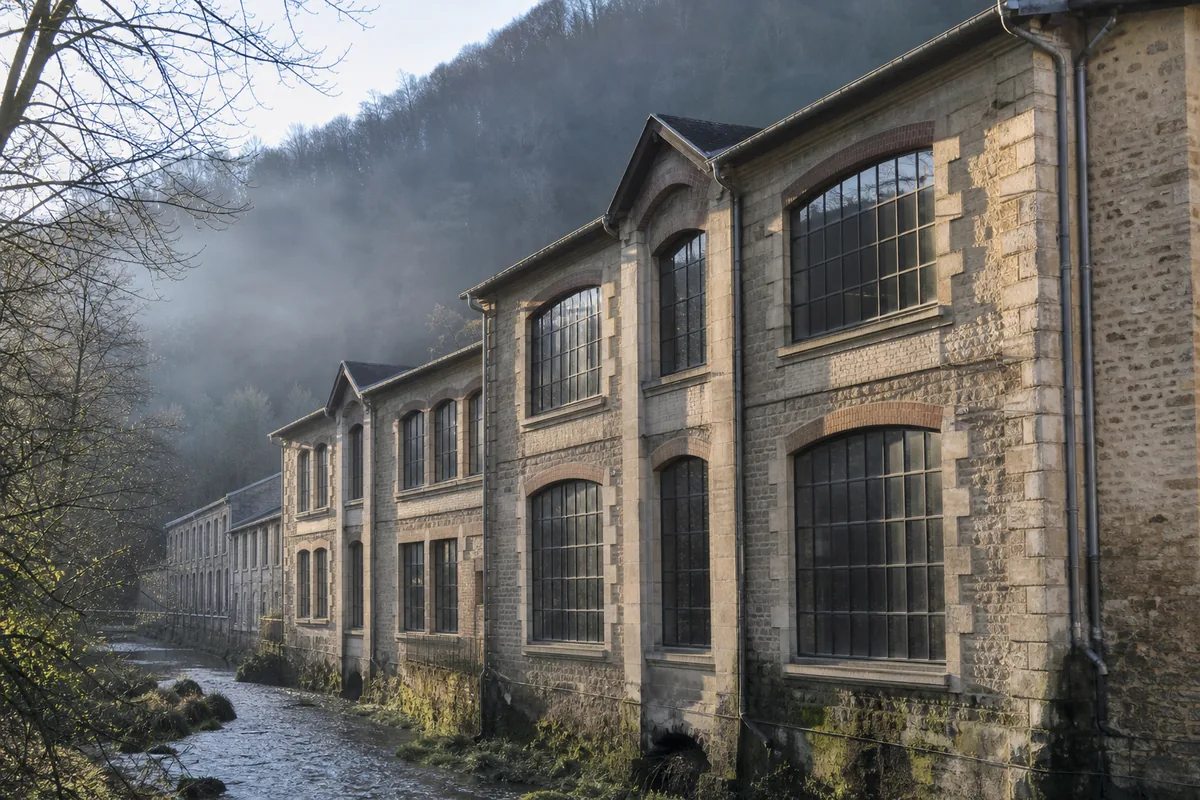 Façade d’ancienne usine drapière en pierre au bord de la Gère, grande baie d’atelier et huisserie métallique sombre