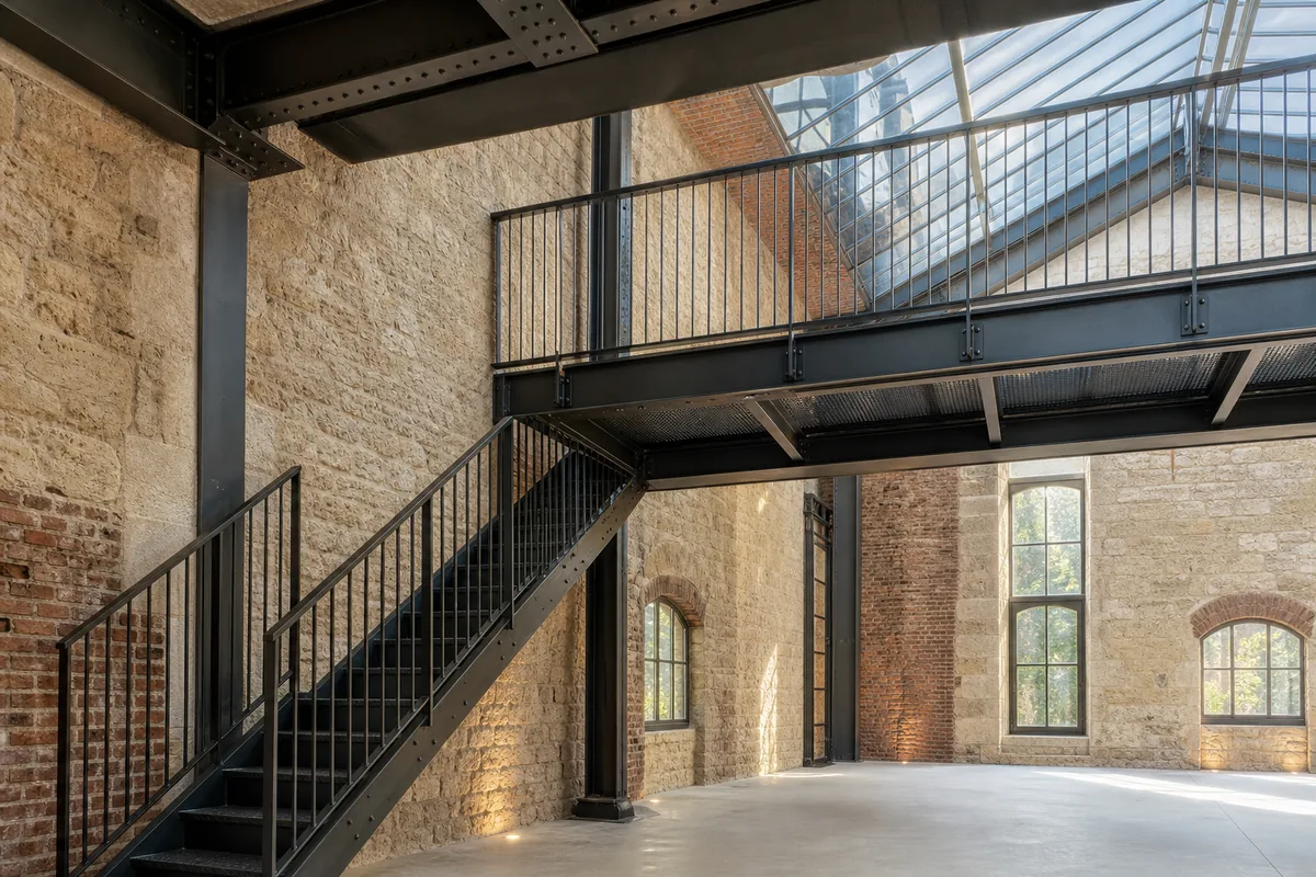 Passerelle acier et garde-corps barreaudé noir mat dans un ancien atelier de tissage réhabilité, mur de pierre claire