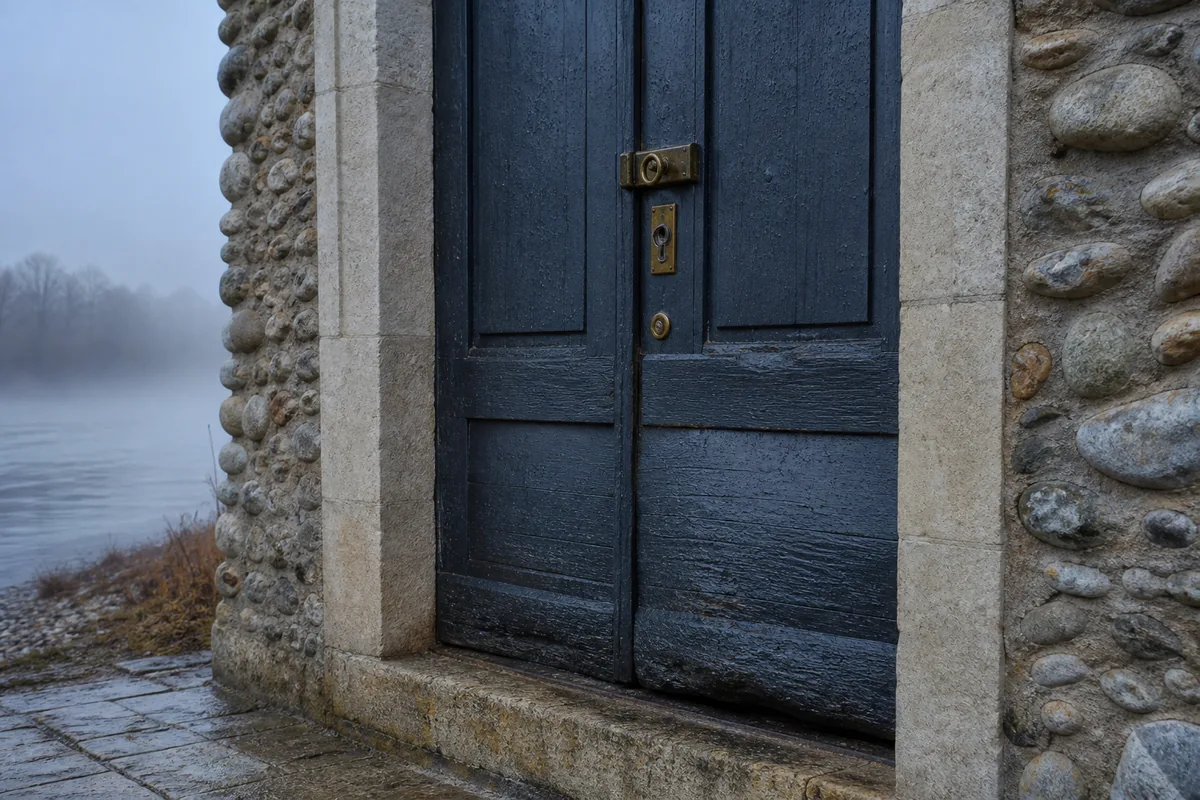 Porte en bois ancienne d&rsquo;une maison de bord de Rhône dans la brume matinale, serrure de sûreté visible